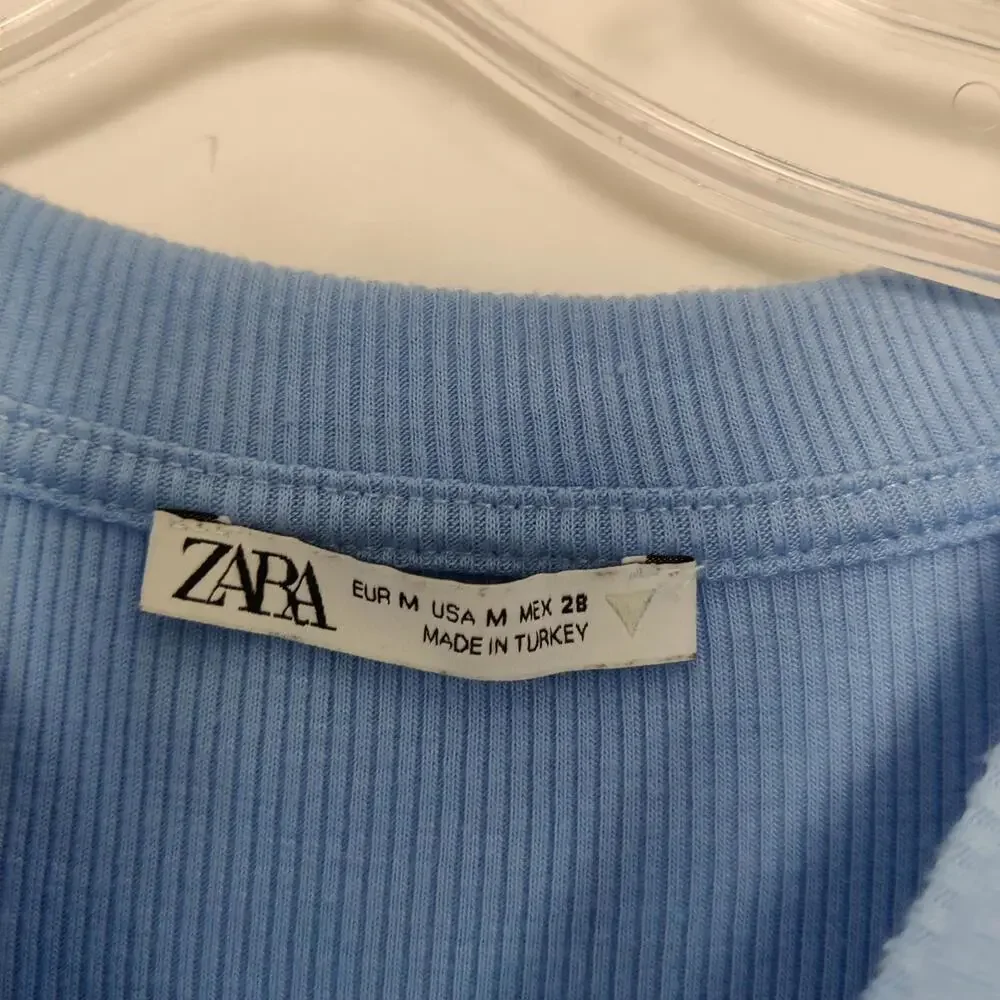 Zara Blue Ribbed Ruched Side Drawstring Top Short Sleeve Size Medium - Picture 3 of 7